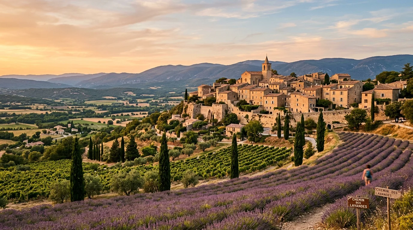 Village perché du Luberon entouré de lavande au coucher du soleil
