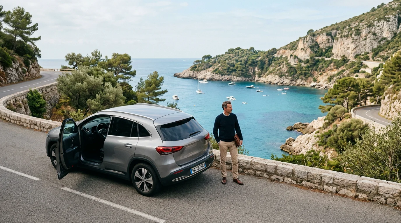Grey electric SUV on a French Riviera coastal road overlooking the sea