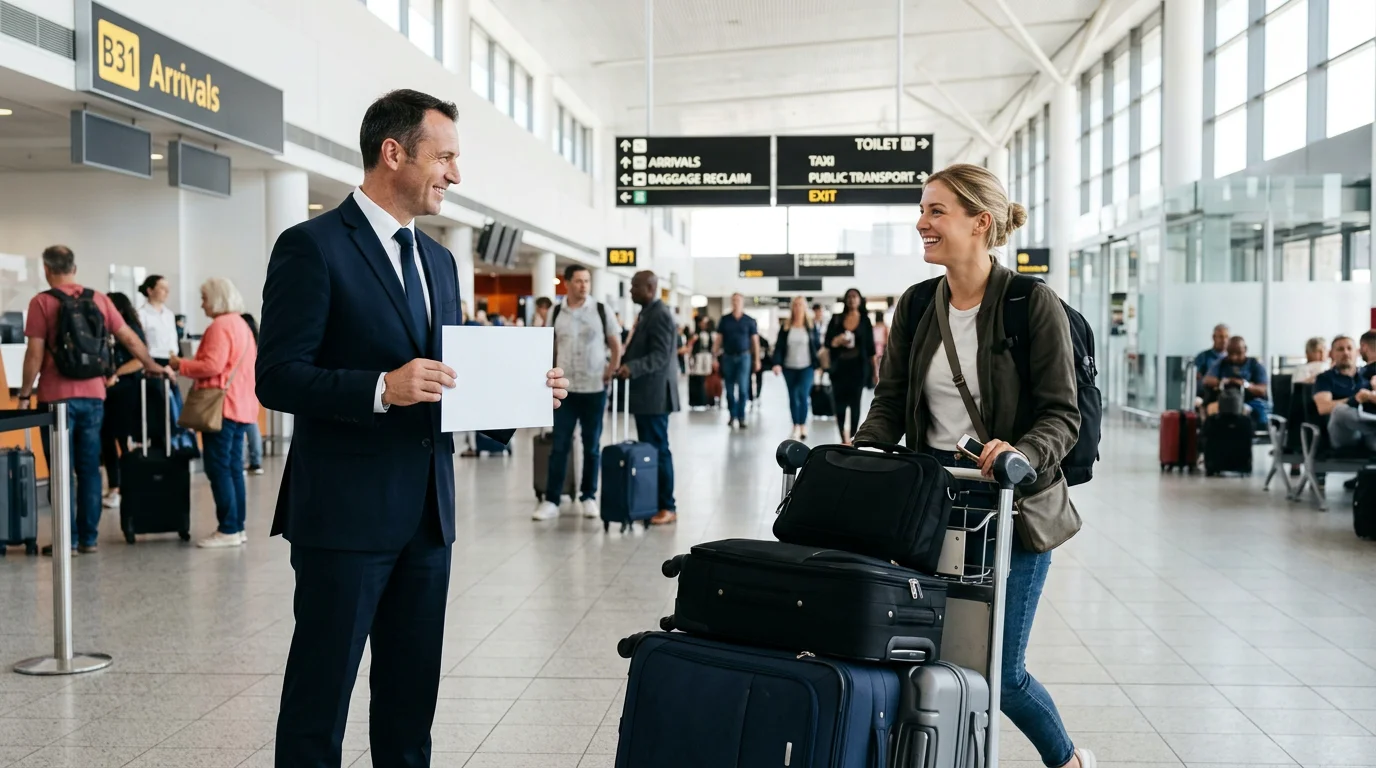 Chauffeur greeting an arriving traveller with luggage in an airport arrivals hall