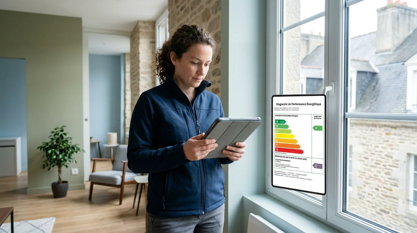 Professionnel consultant une étiquette énergétique DPE sur une tablette dans un logement