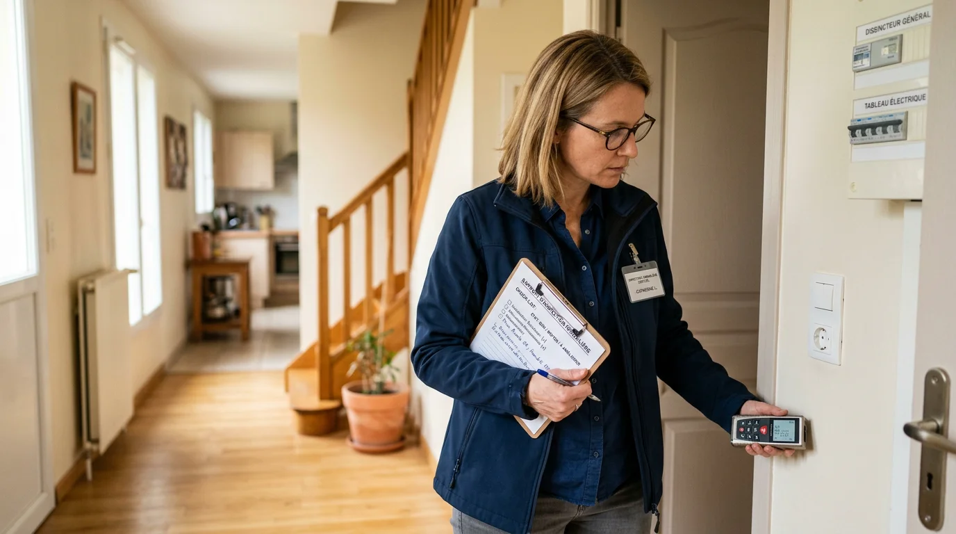 Diagnostiqueur immobilier certifié inspectant un logement avec une check-list