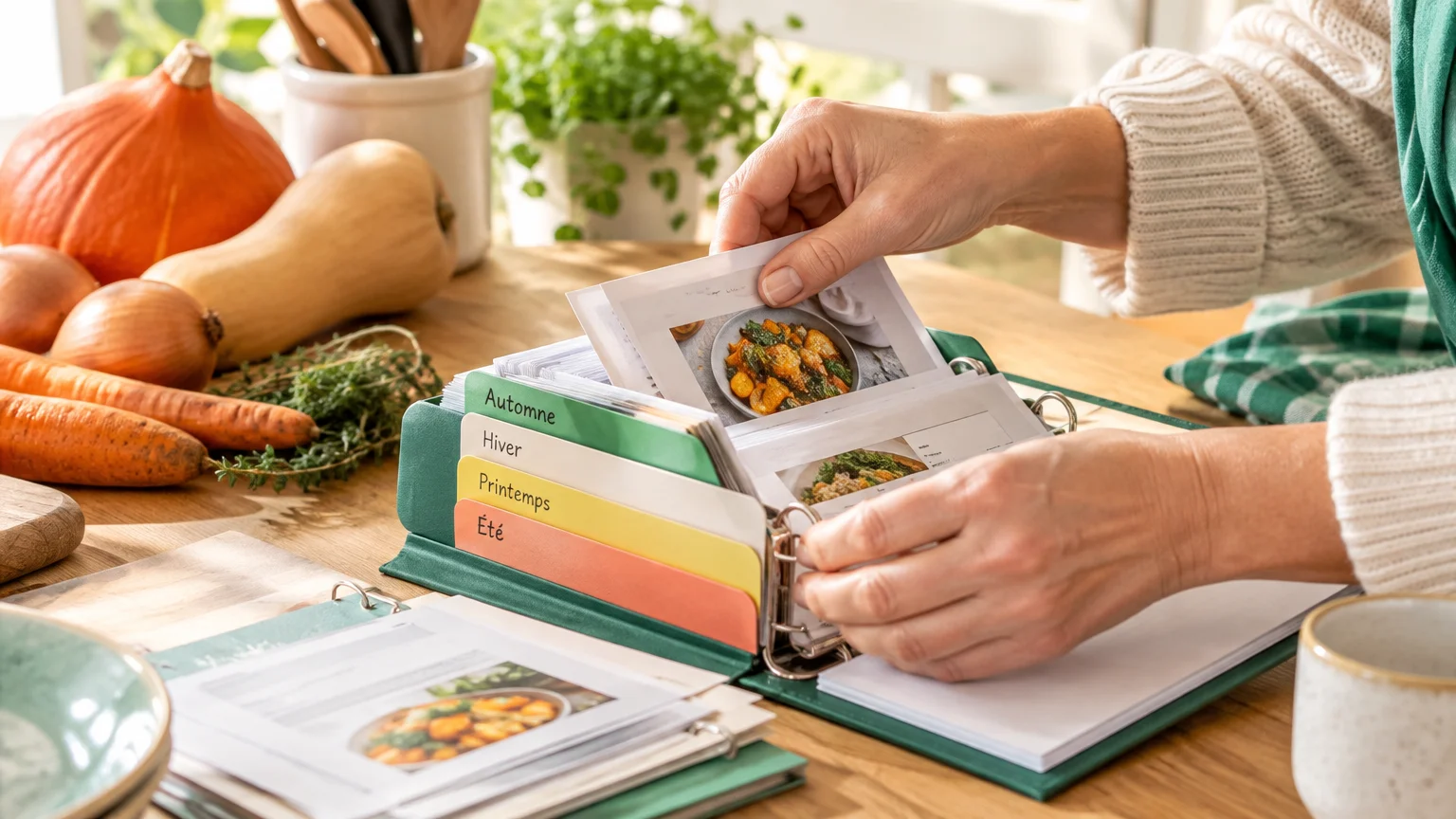 Rangement de fiches de recettes avec des repères saisonniers