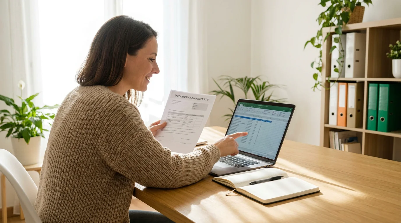 Thérapeute holistique auto-entrepreneur consultant ses documents administratifs à son bureau