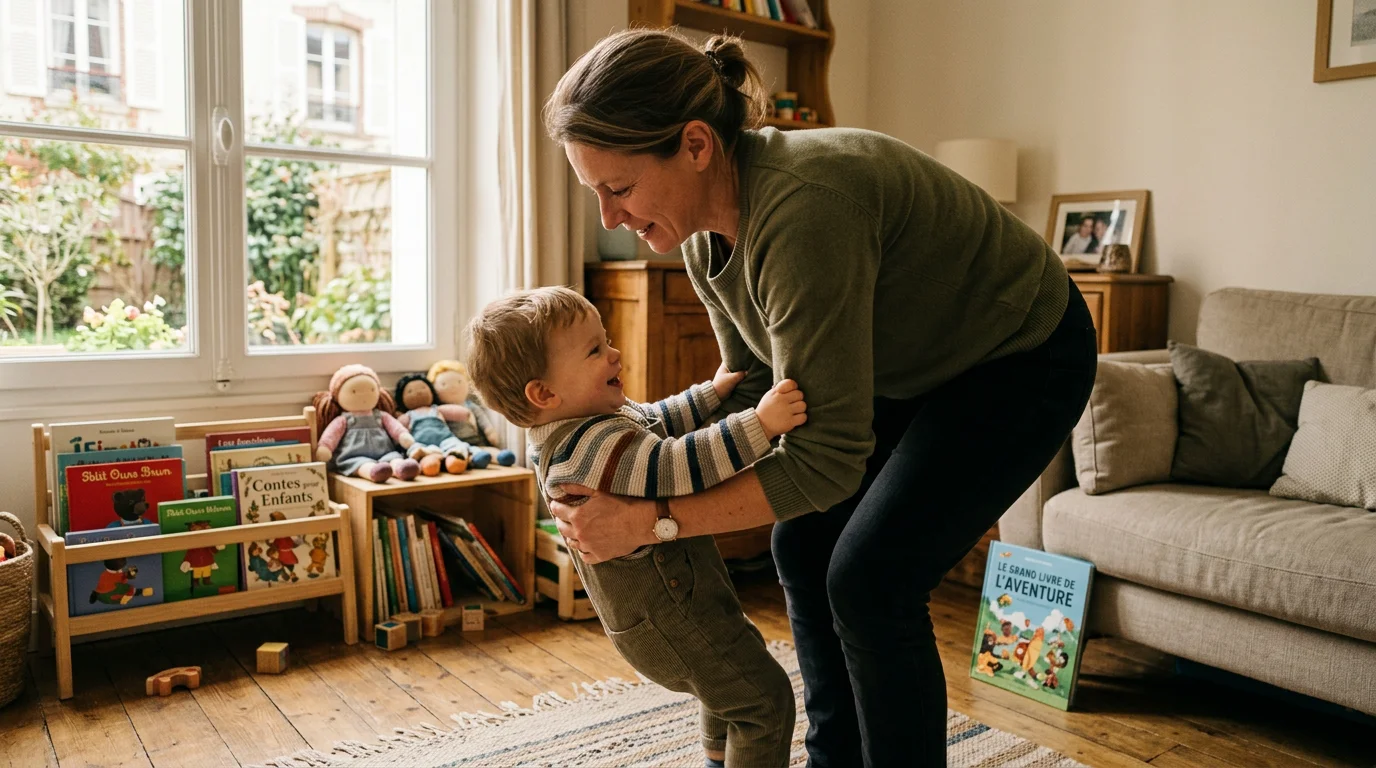 Assistante maternelle portant un jeune enfant, sollicitation du dos et des épaules