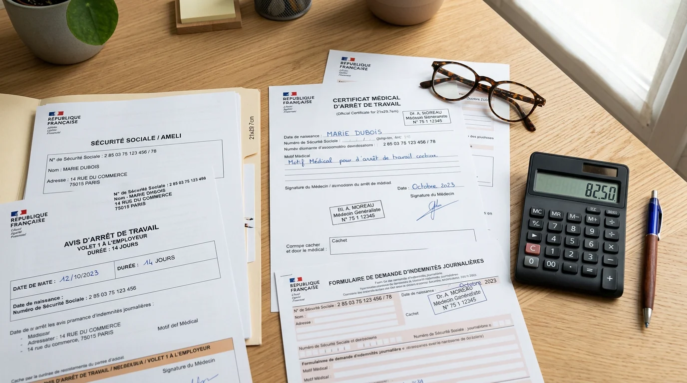 Documents administratifs français pour un arrêt de travail sur un bureau