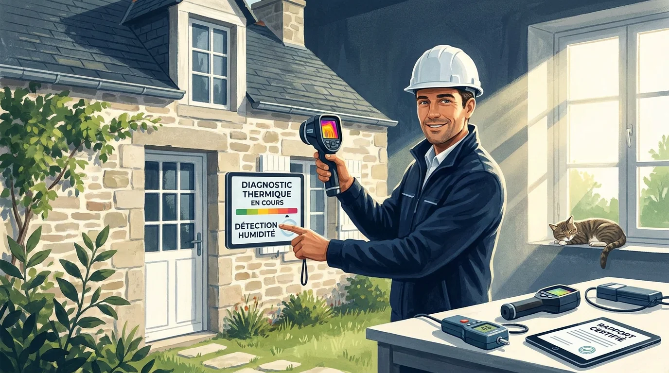 Diagnostiqueur immobilier certifié inspectant un appartement avec un appareil de mesure