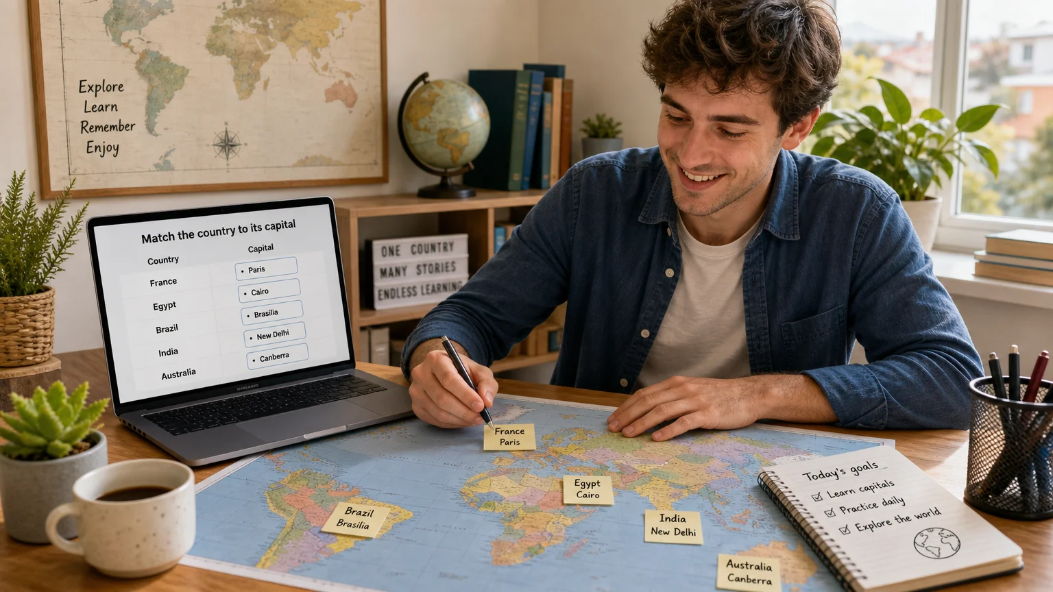 A European learner matching countries to their capitals on a laptop