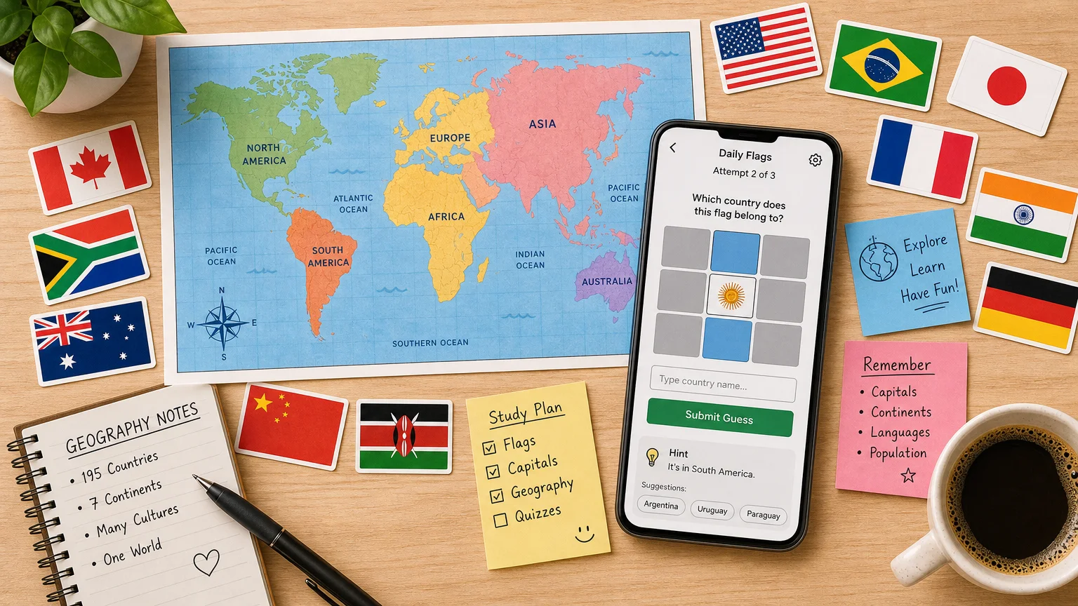 Flat lay of a geography study desk with a map, flags and a quiz on a phone