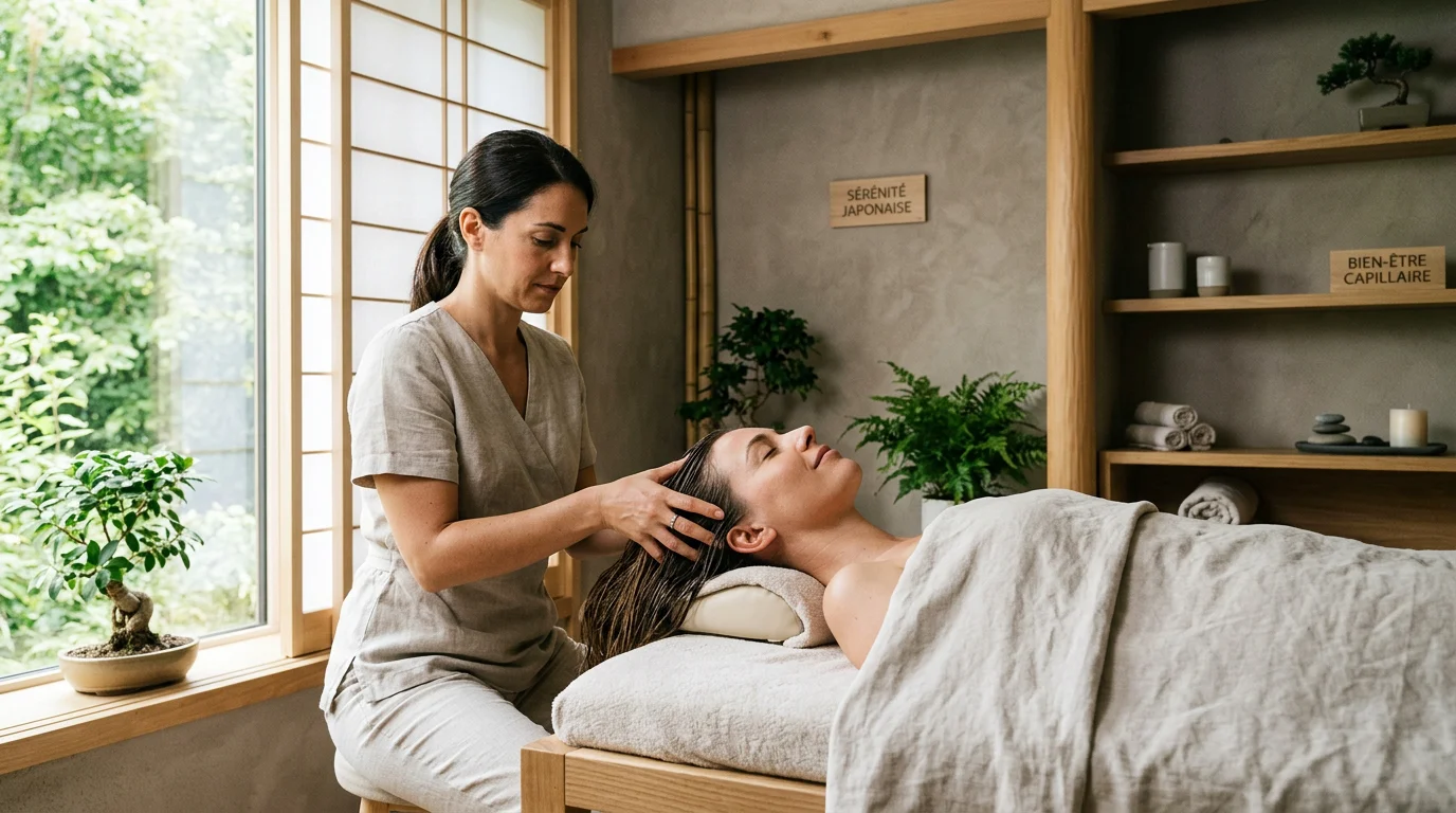 Soin head spa réalisé par une professionnelle dans un environnement apaisant