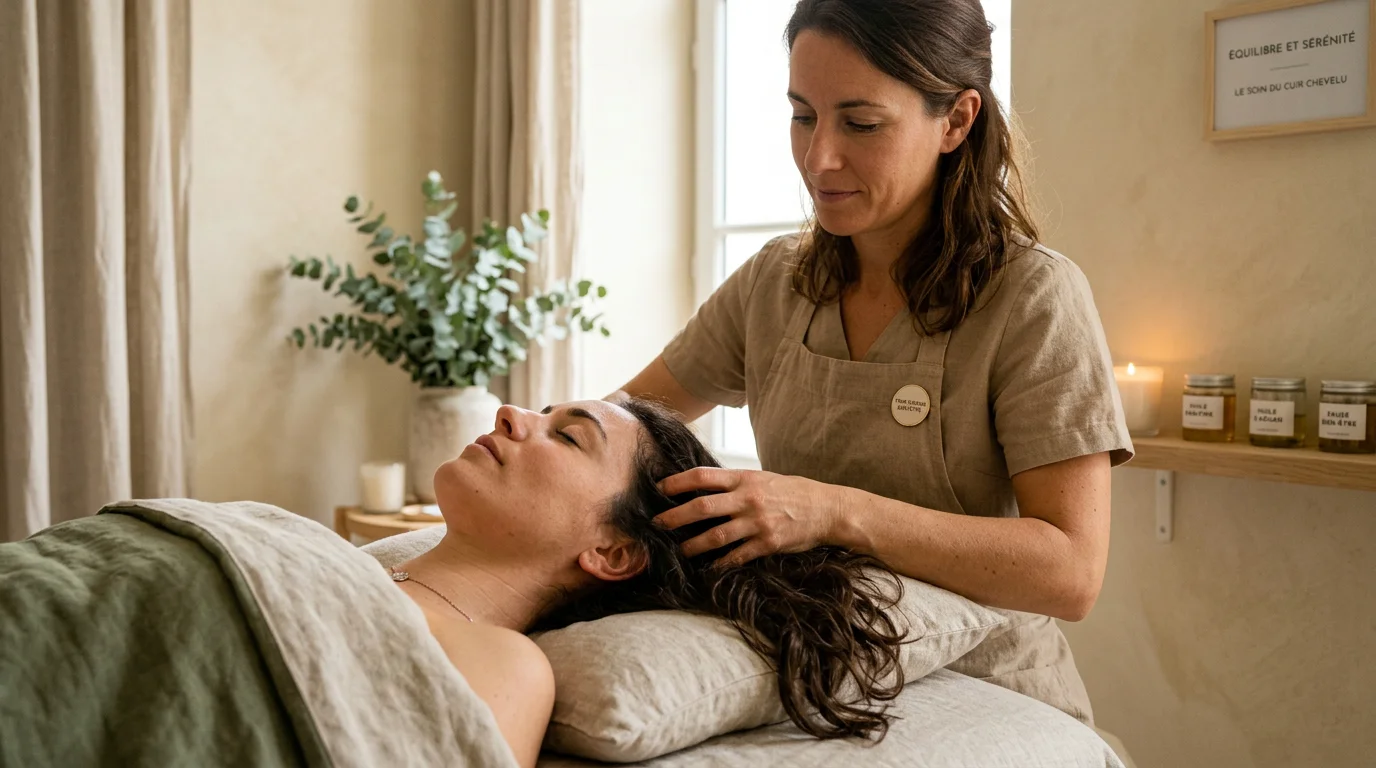 Praticienne réalisant un massage du cuir chevelu lors d'un soin head spa