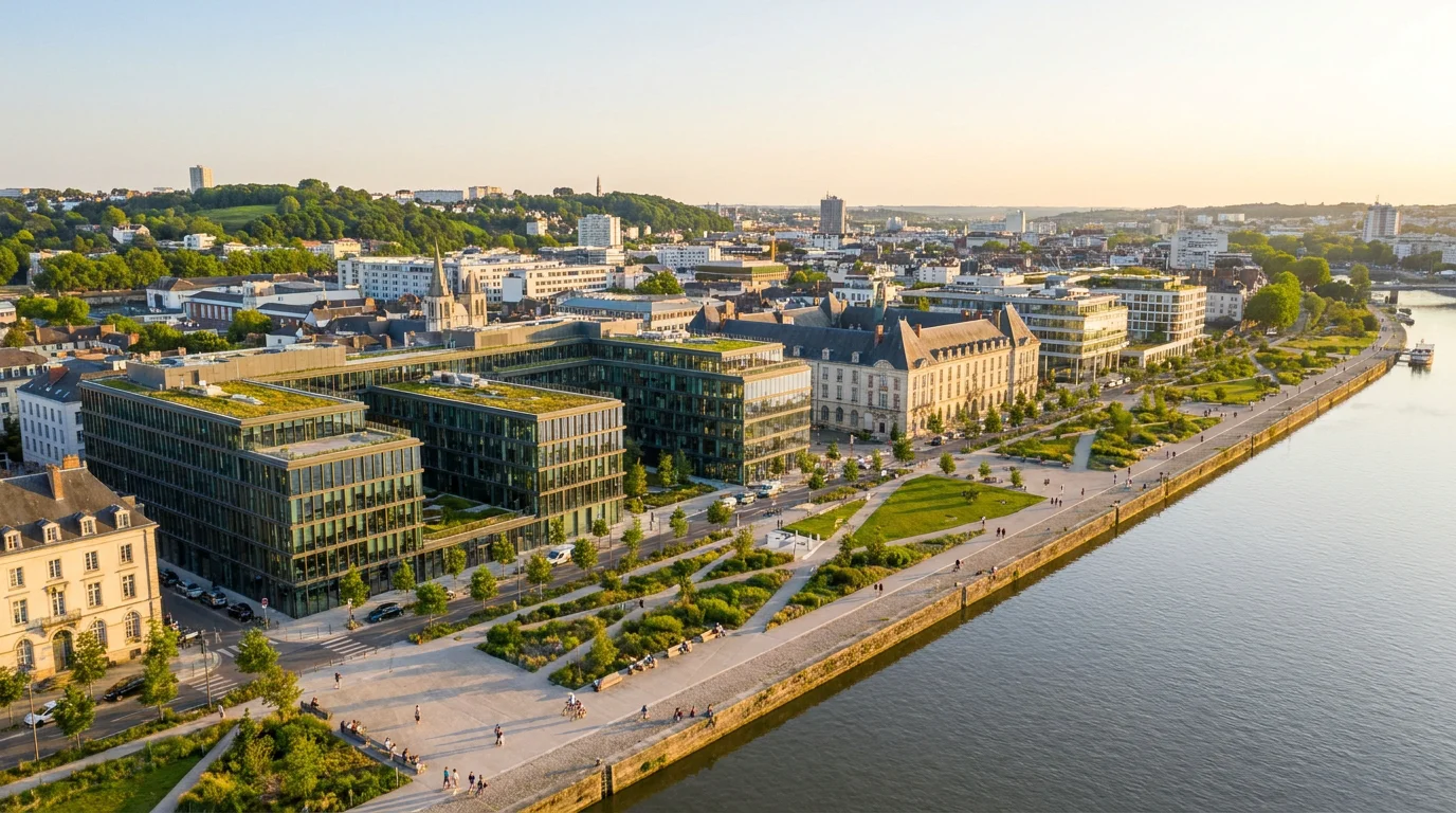 Panorama de Nantes avec immeubles de bureaux et Loire, illustrant le dynamisme économique de la ville