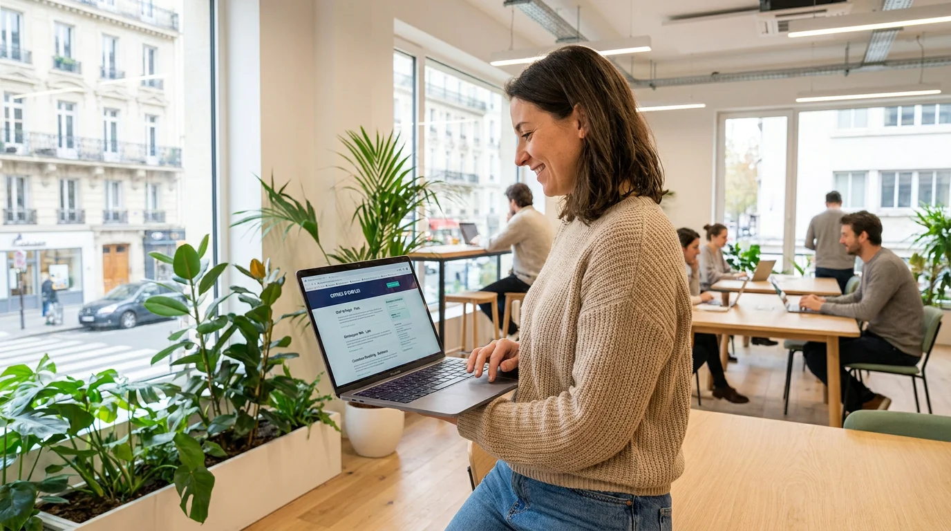 Candidat recherchant des offres d'emploi sur un ordinateur dans un espace de coworking à Nantes