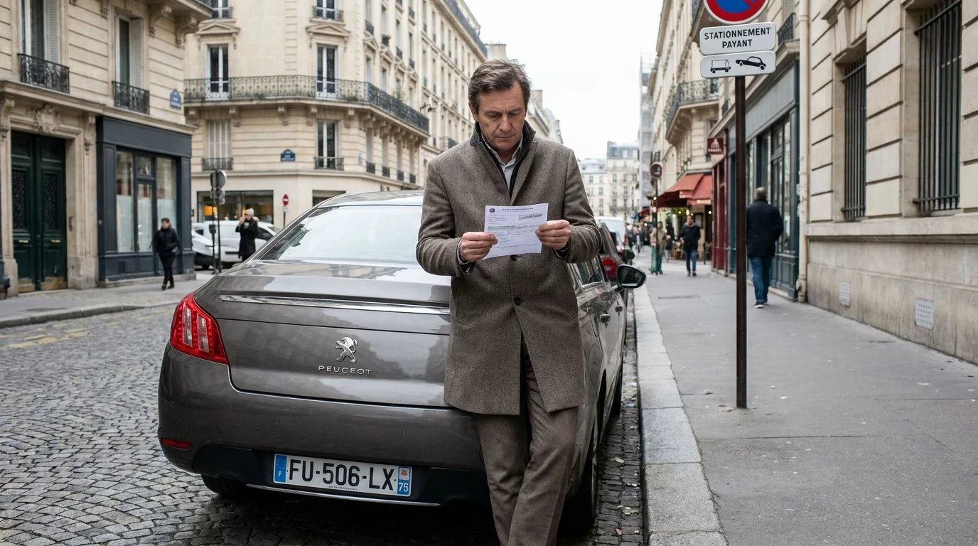 Automobiliste examinant un avis de forfait post-stationnement dans une rue en France