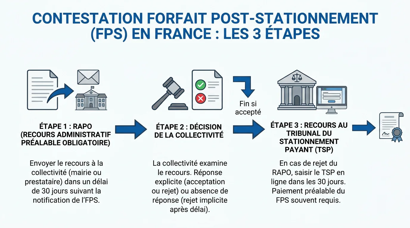 Infographie des trois étapes de contestation d'un FPS en France : RAPO, décision, TSP