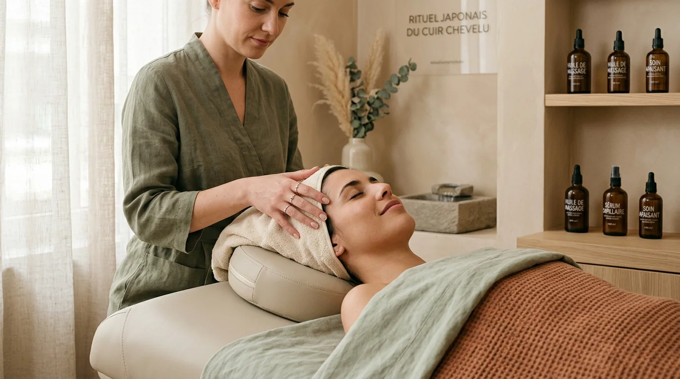 Cliente détendue recevant un soin du cuir chevelu dans une ambiance spa apaisante