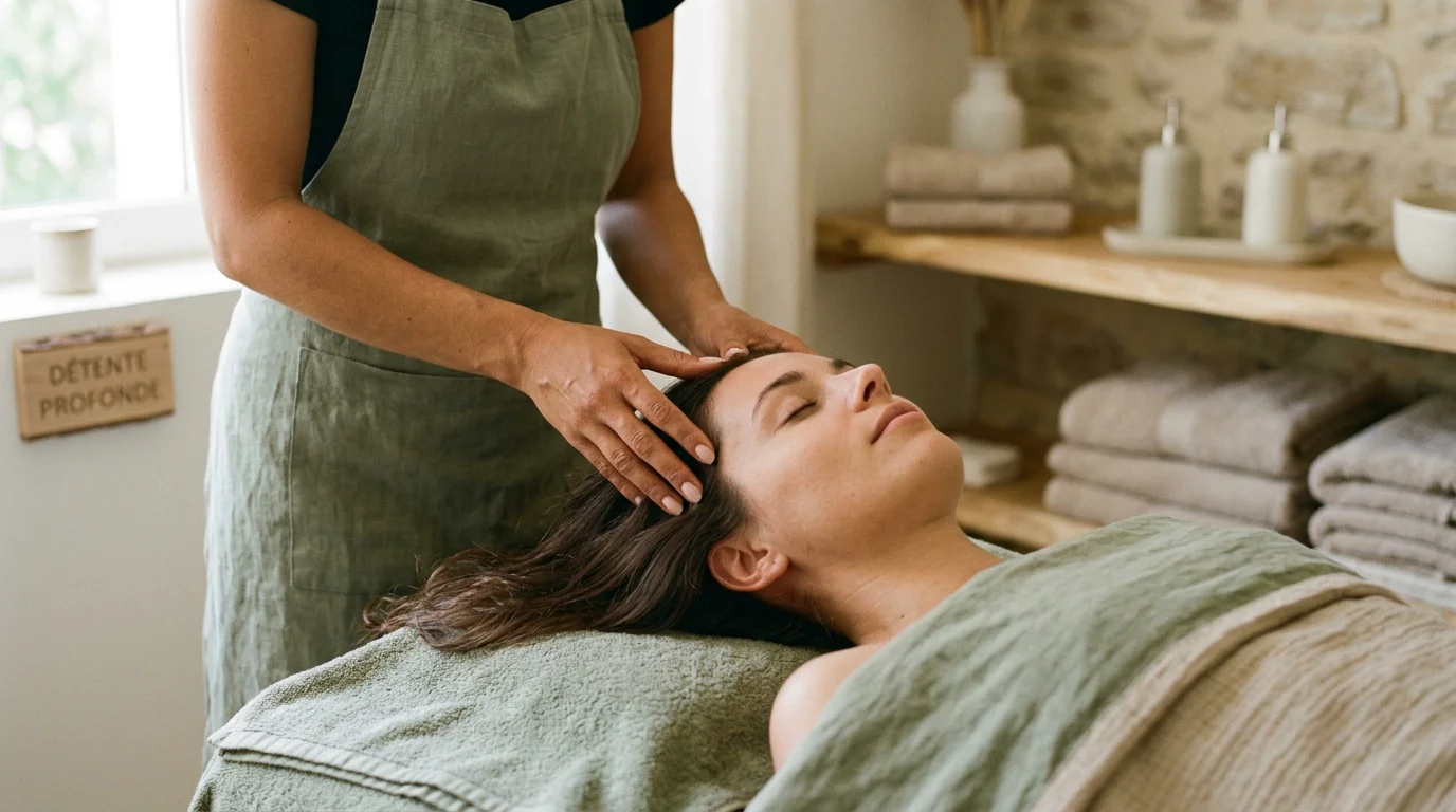 Gros plan sur un massage doux du cuir chevelu dans une ambiance apaisante
