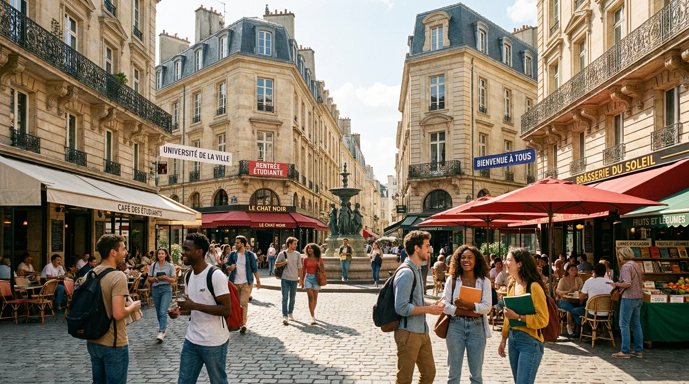 Place animée de Nancy avec des étudiants marchant près de cafés et bâtiments historiques