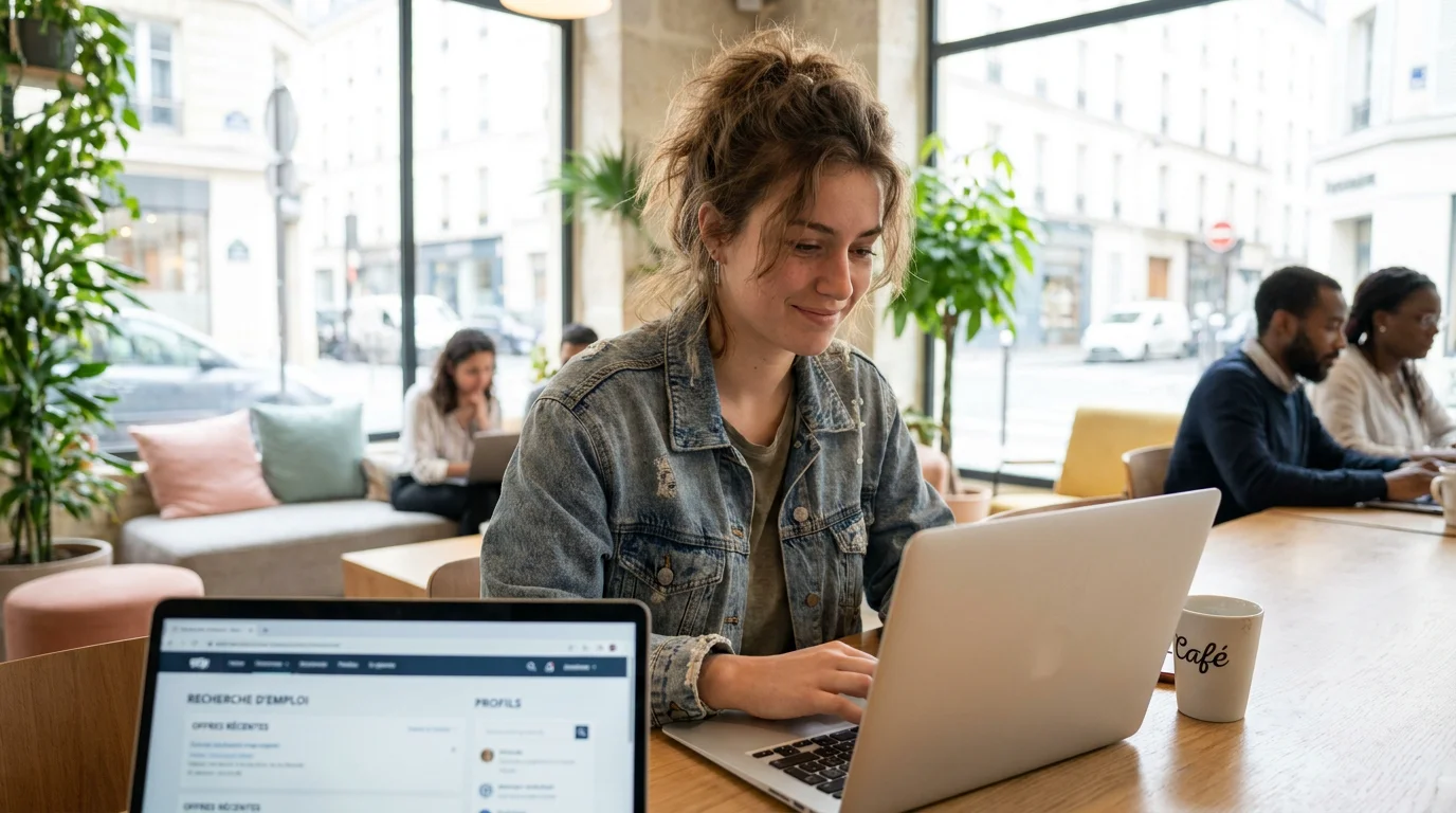 Étudiant recherchant un emploi sur son ordinateur portable dans un espace de coworking lumineux