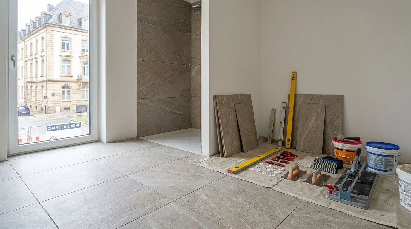 Salle de bain en cours de rénovation au Luxembourg avec carrelage moderne
