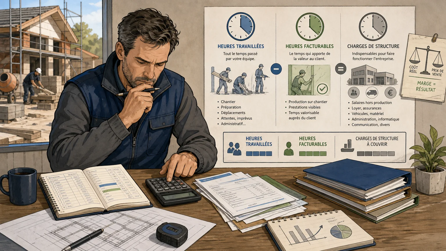 Illustration du calcul du coût horaire réel pour mesurer la rentabilité d’un chantier