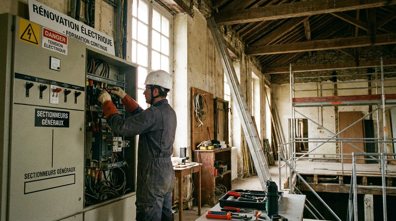 Électricien intérimaire intervenant sur un tableau électrique lors d'un chantier de rénovation en France