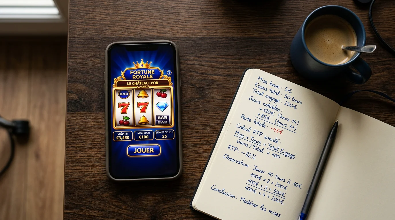 Téléphone affichant une machine à sous à côté de notes sur les conditions de mise