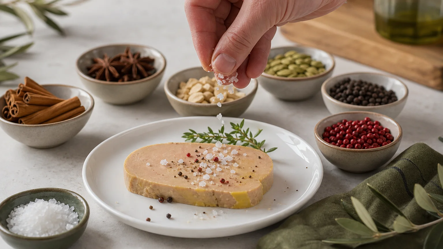 Fleur de sel de Noël saupoudrée sur un foie gras avec des épices festives