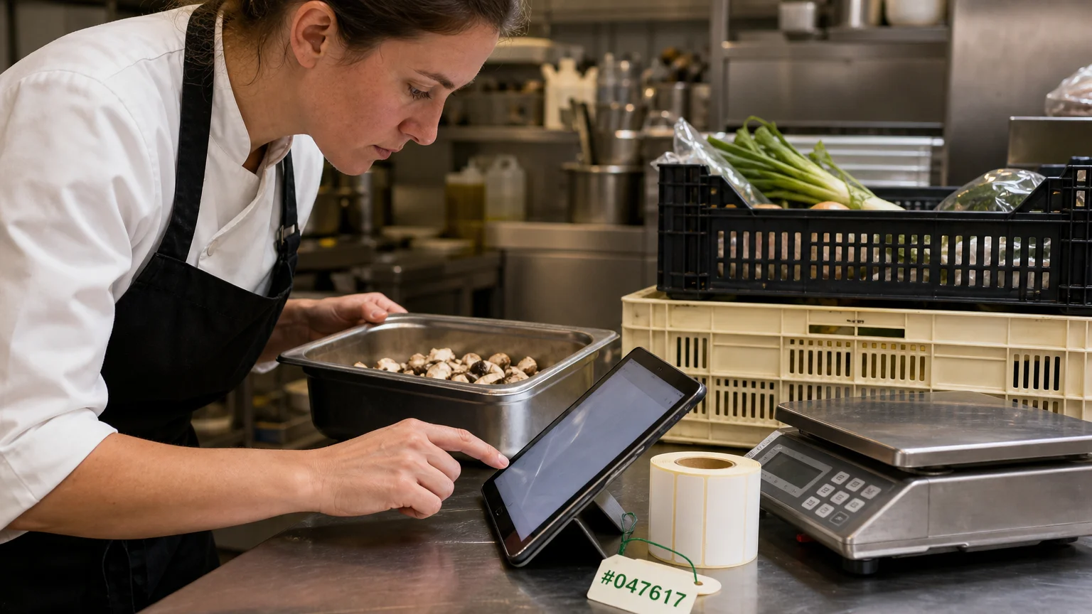 Inventaire des ingrédients réalisé avec une tablette dans une cuisine professionnelle