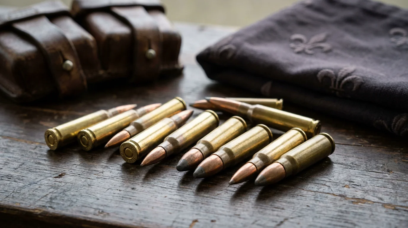 Différentes munitions de calibre intermédiaire présentées sur une surface en bois sombre