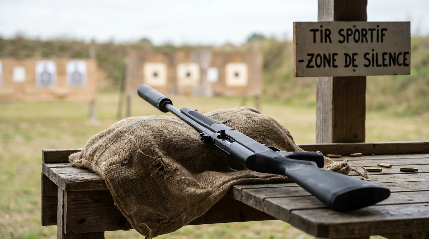 Carabine semi-automatique équipée d'un modérateur de son sur un pas de tir en extérieur