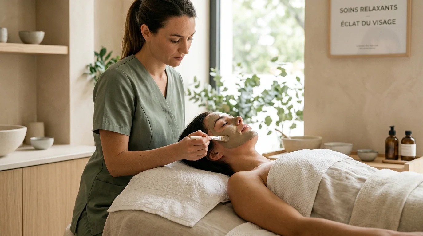 Femme recevant un soin du visage professionnel dans un institut de beauté