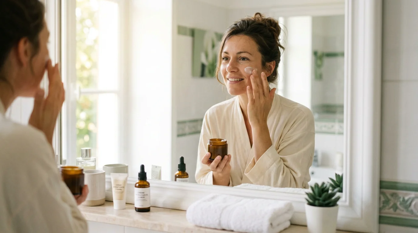Femme appliquant une crème hydratante dans le cadre de sa routine de soins