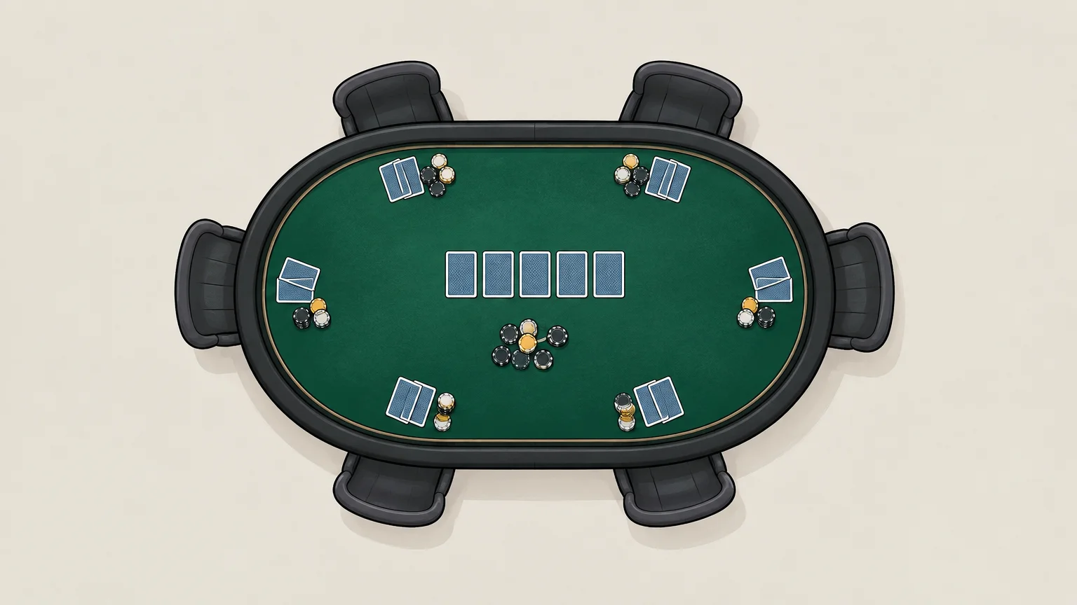 Illustration vue du dessus d’une table de poker à six places, avec des cartes et quelques jetons.