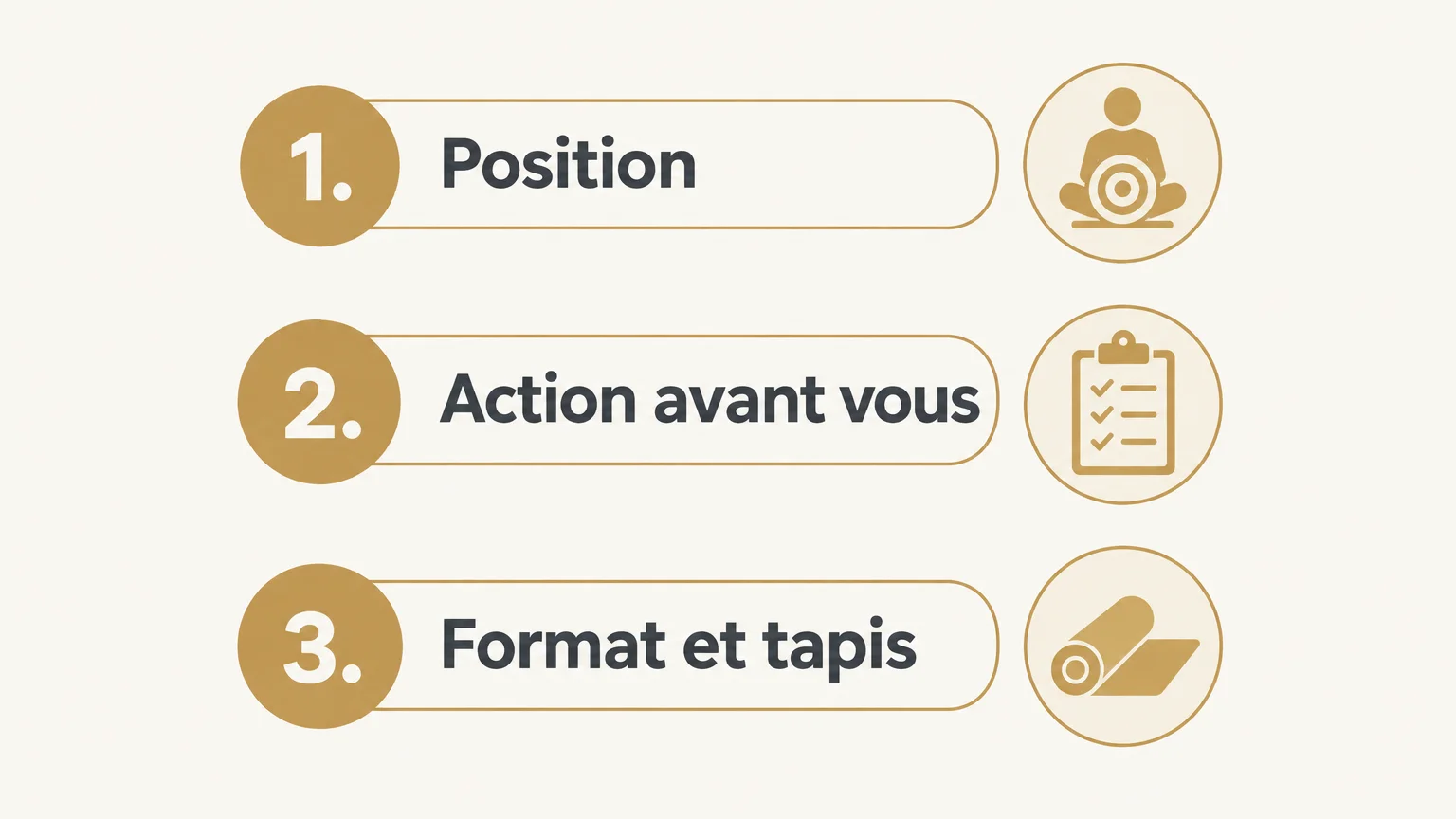 Checklist en trois étapes : vérifier la position, l’action avant soi, puis le format et les tapis.