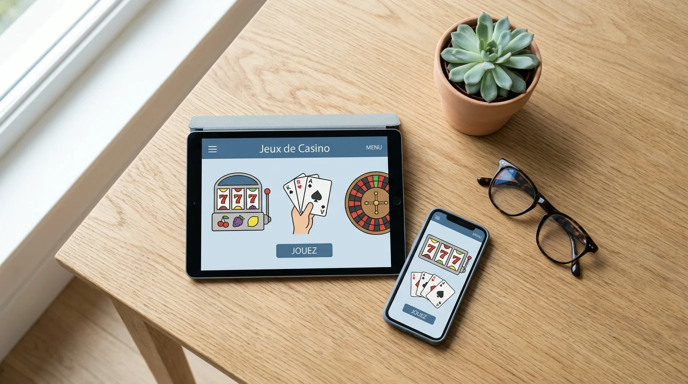 Tablette et smartphone affichant différentes catégories de jeux de casino