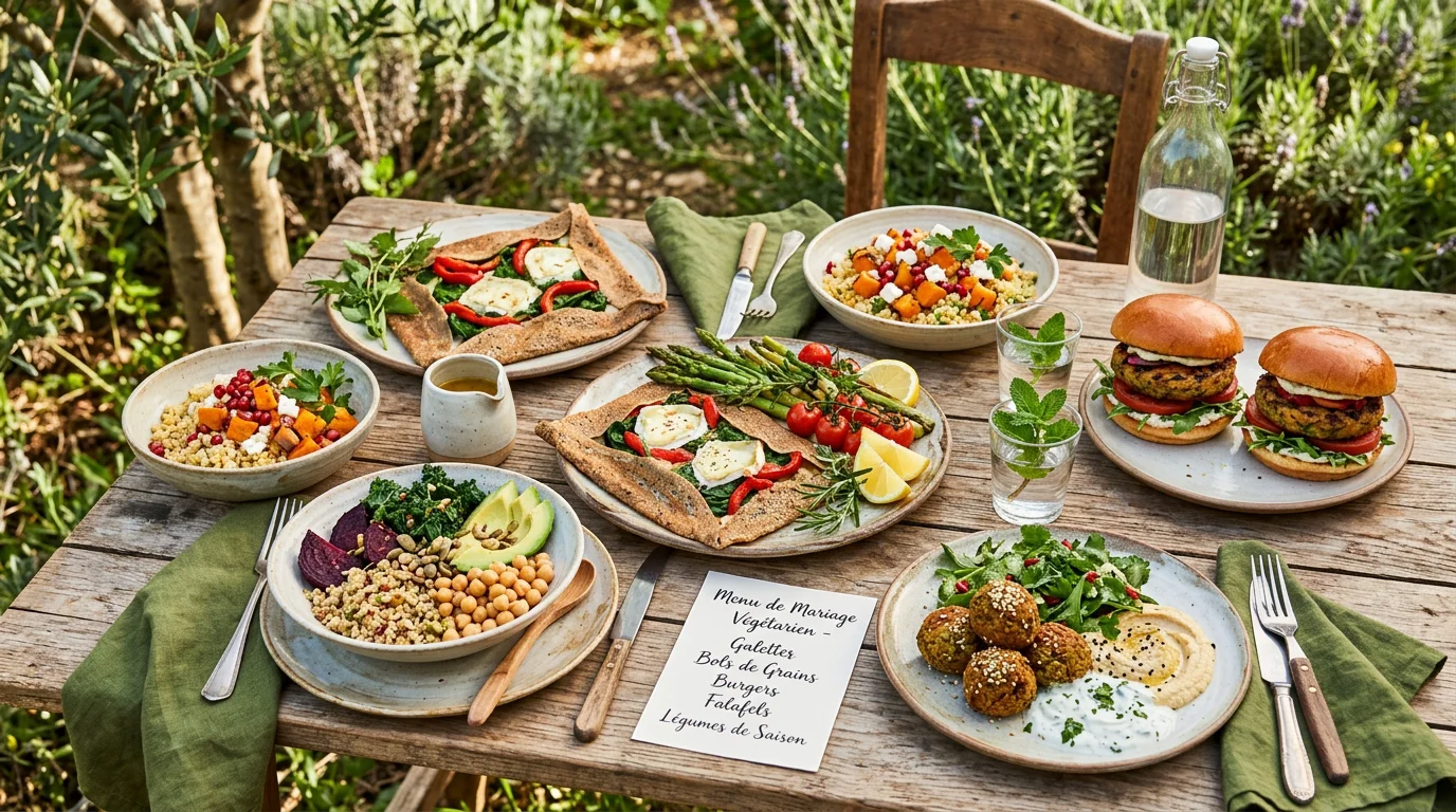 Assortiment de plats végétariens de mariage servis en extérieur en Provence