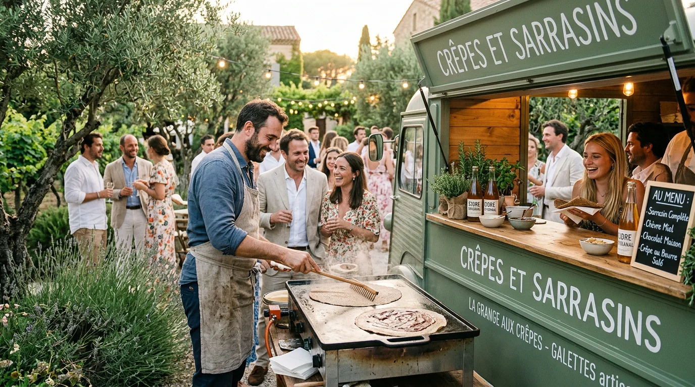 Chef préparant des galettes en direct devant les invités d'un mariage en Provence