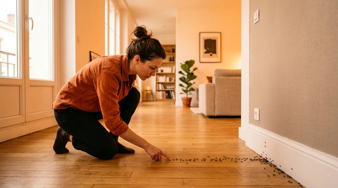 Personne inspectant une piste de fourmis le long d'une plinthe dans un appartement