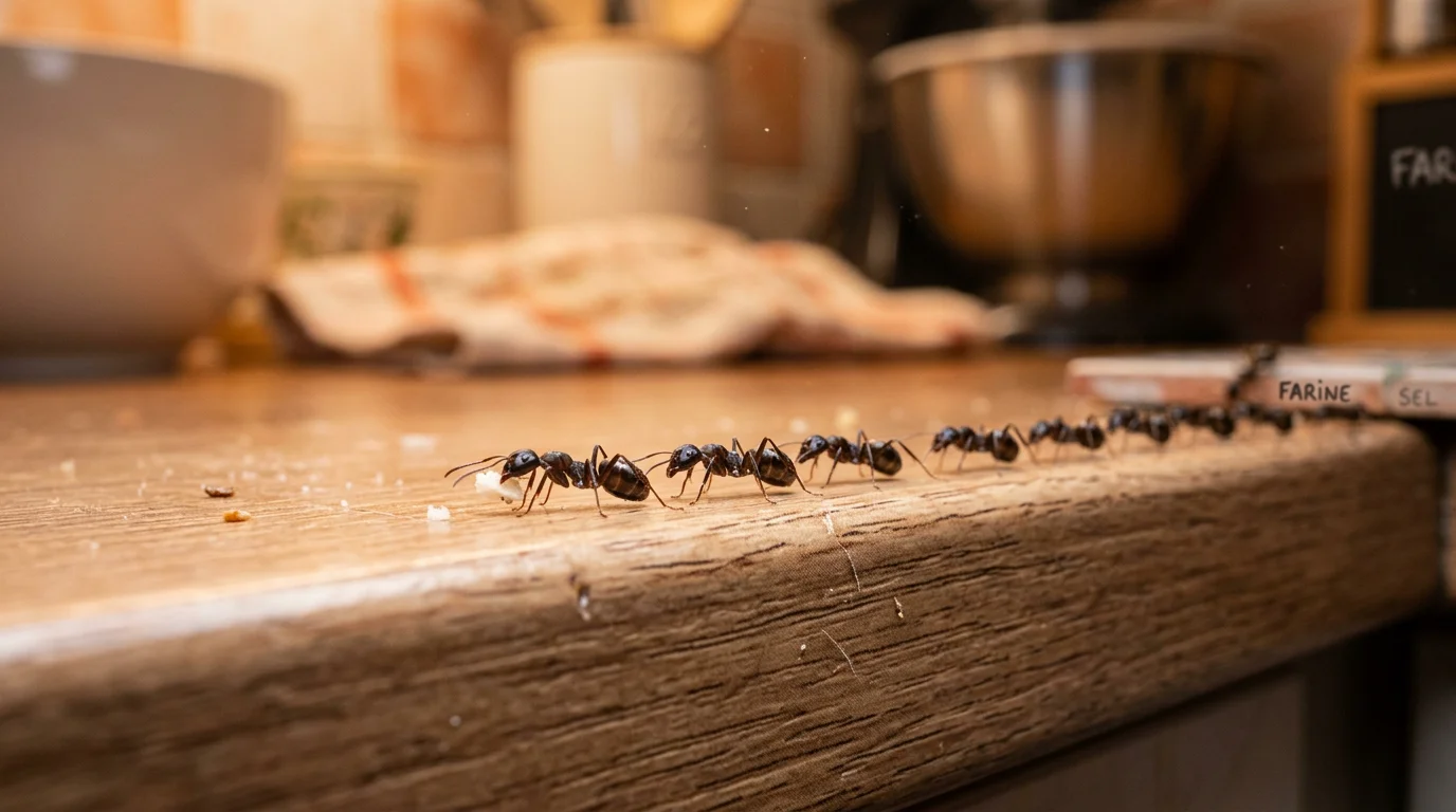 Colonne de fourmis noires longeant un plan de travail de cuisine