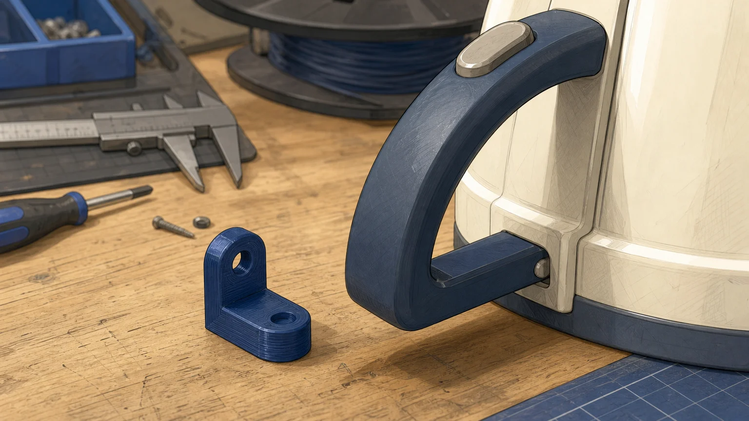 Pièce de remplacement imprimée en 3D à côté d’un objet réparé