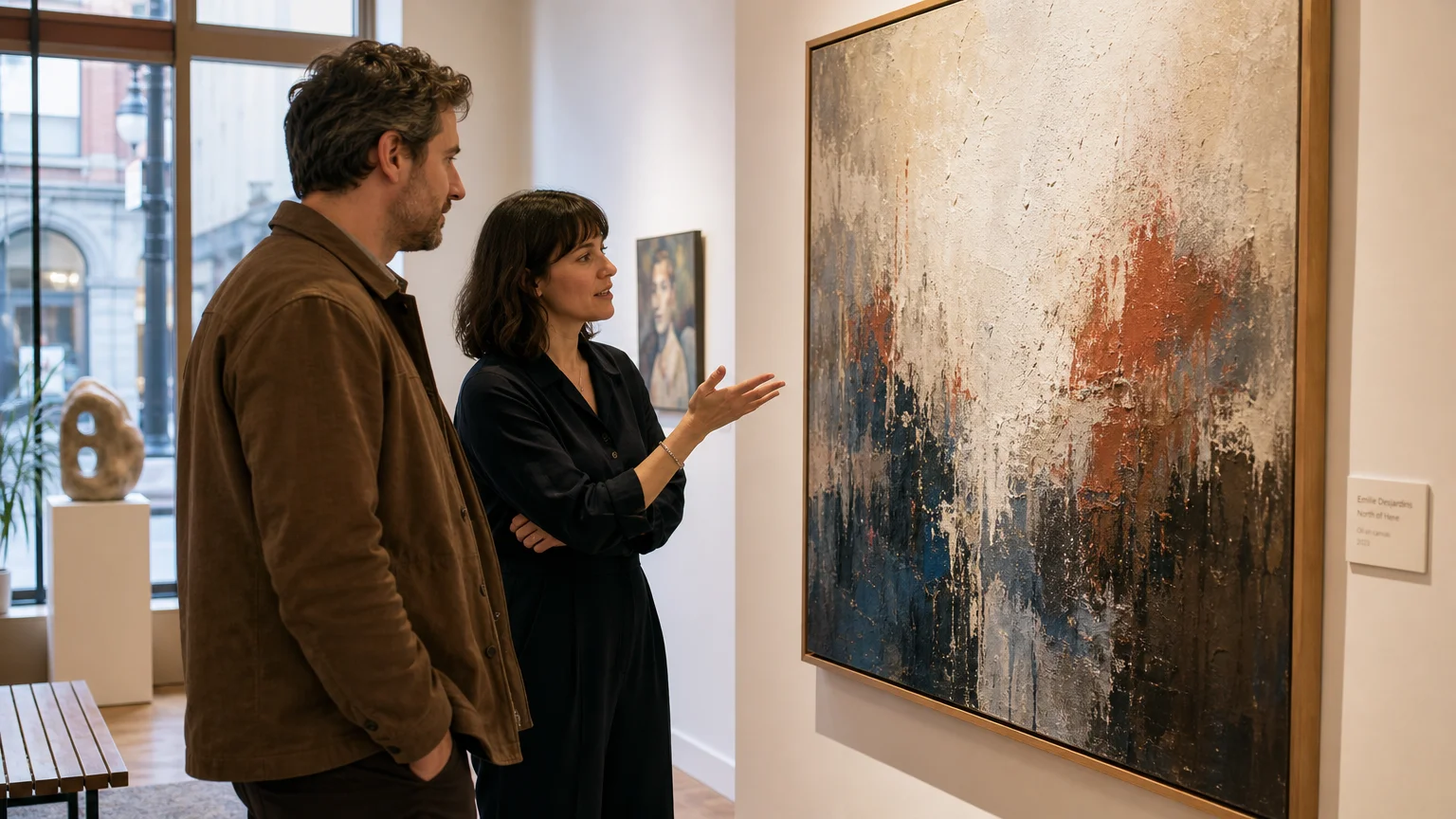 Collector examining an original painting with gallery guidance