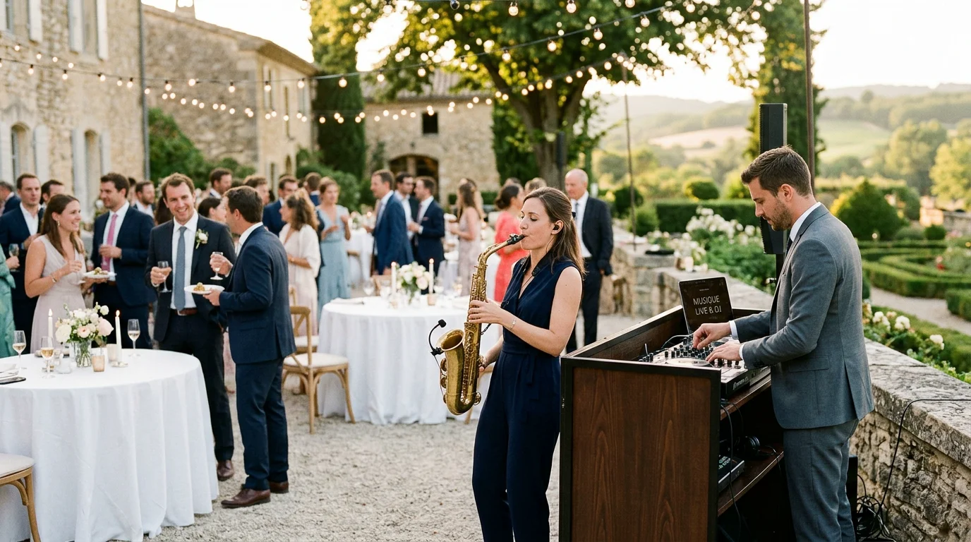 Saxophoniste jouant en duo avec un DJ lors d'un cocktail de mariage en plein air en France