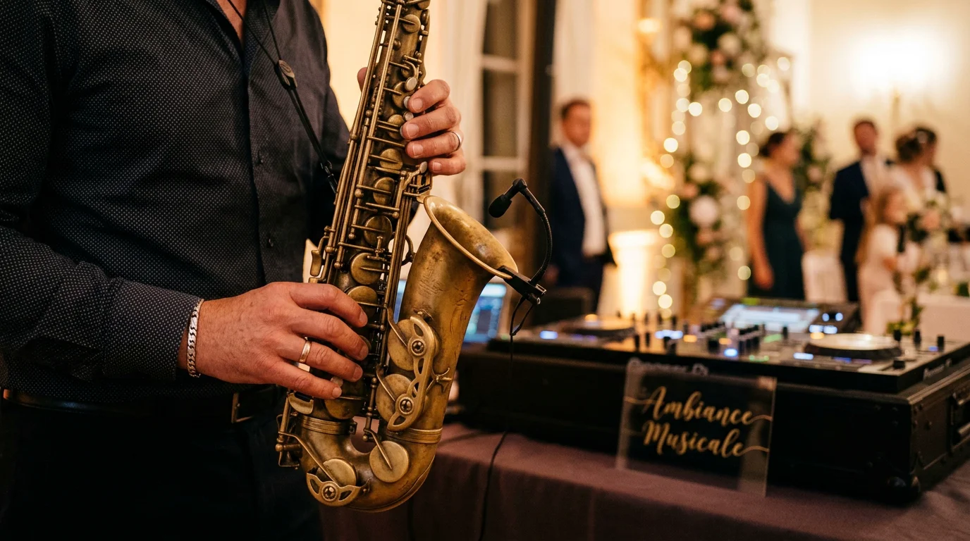 Gros plan sur un saxophoniste jouant lors d'une soirée de mariage avec la console DJ en arrière-plan
