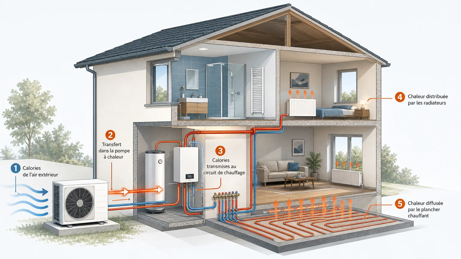 Schéma illustré du fonctionnement d’une pompe à chaleur aérothermique dans une maison