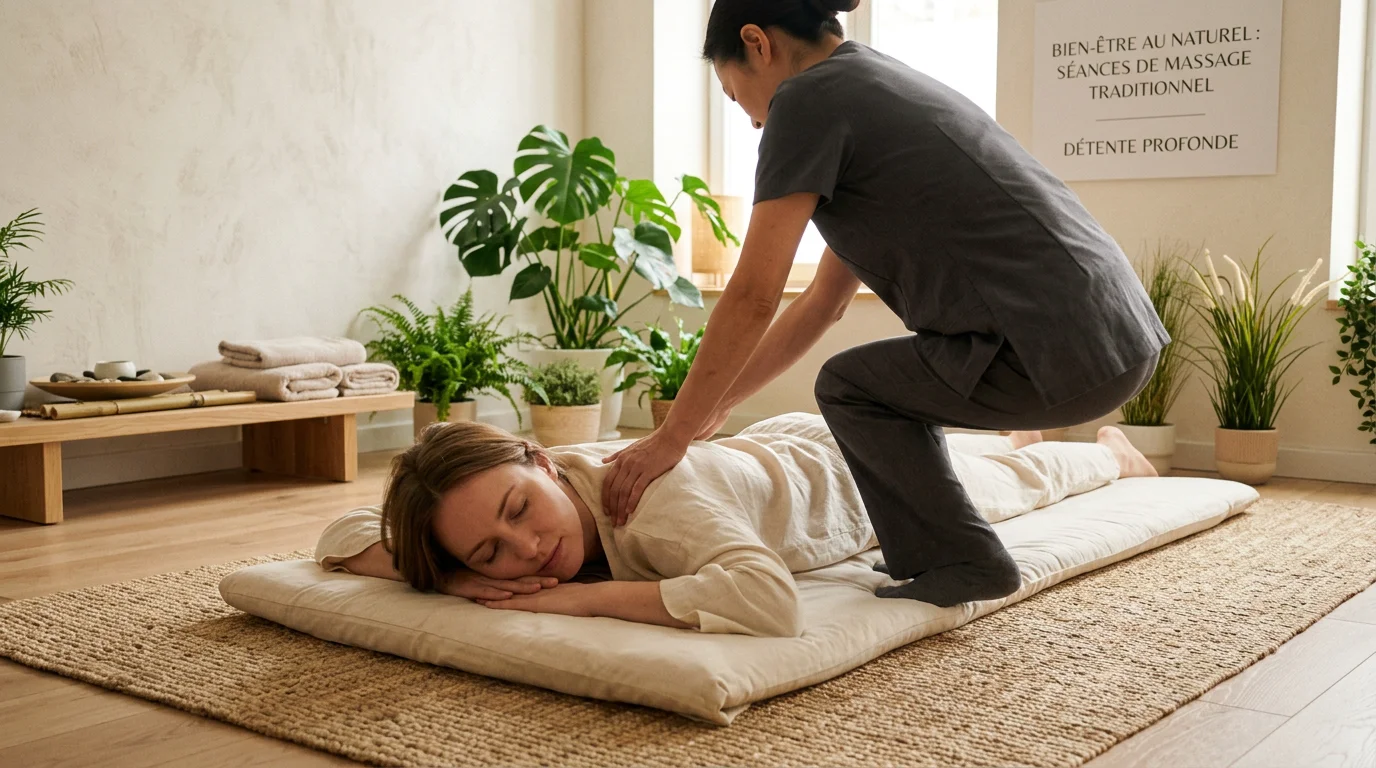 Personne détendue recevant un massage japonais sur futon