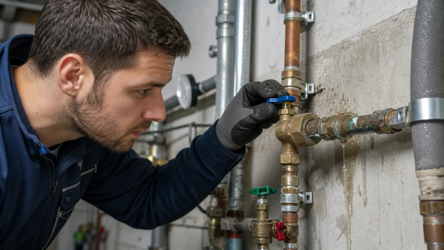 Un plombier examine une vanne dans le local technique d’un immeuble