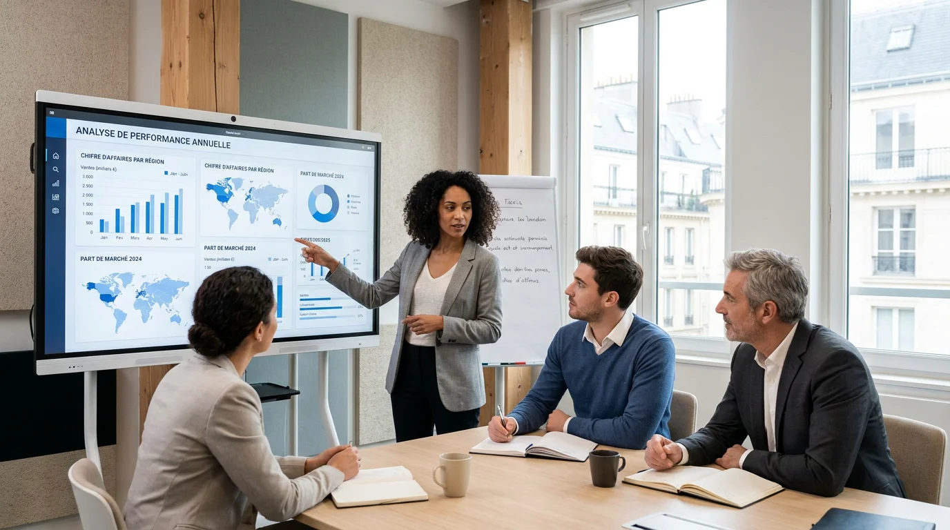 Équipe européenne analysant des tableaux de bord de reporting sur un écran