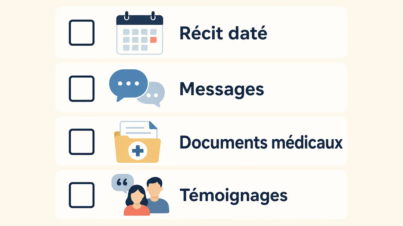 Infographie en français avec quatre cases à cocher : récit daté, messages, documents médicaux et témoignages.