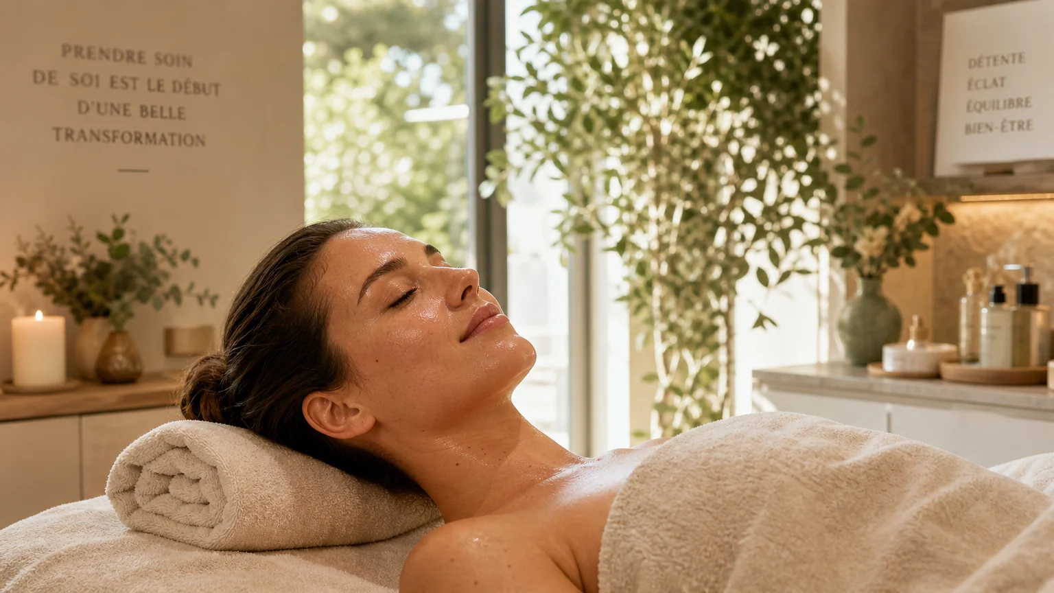Femme détendue après un soin combinant massage et gommage en institut
