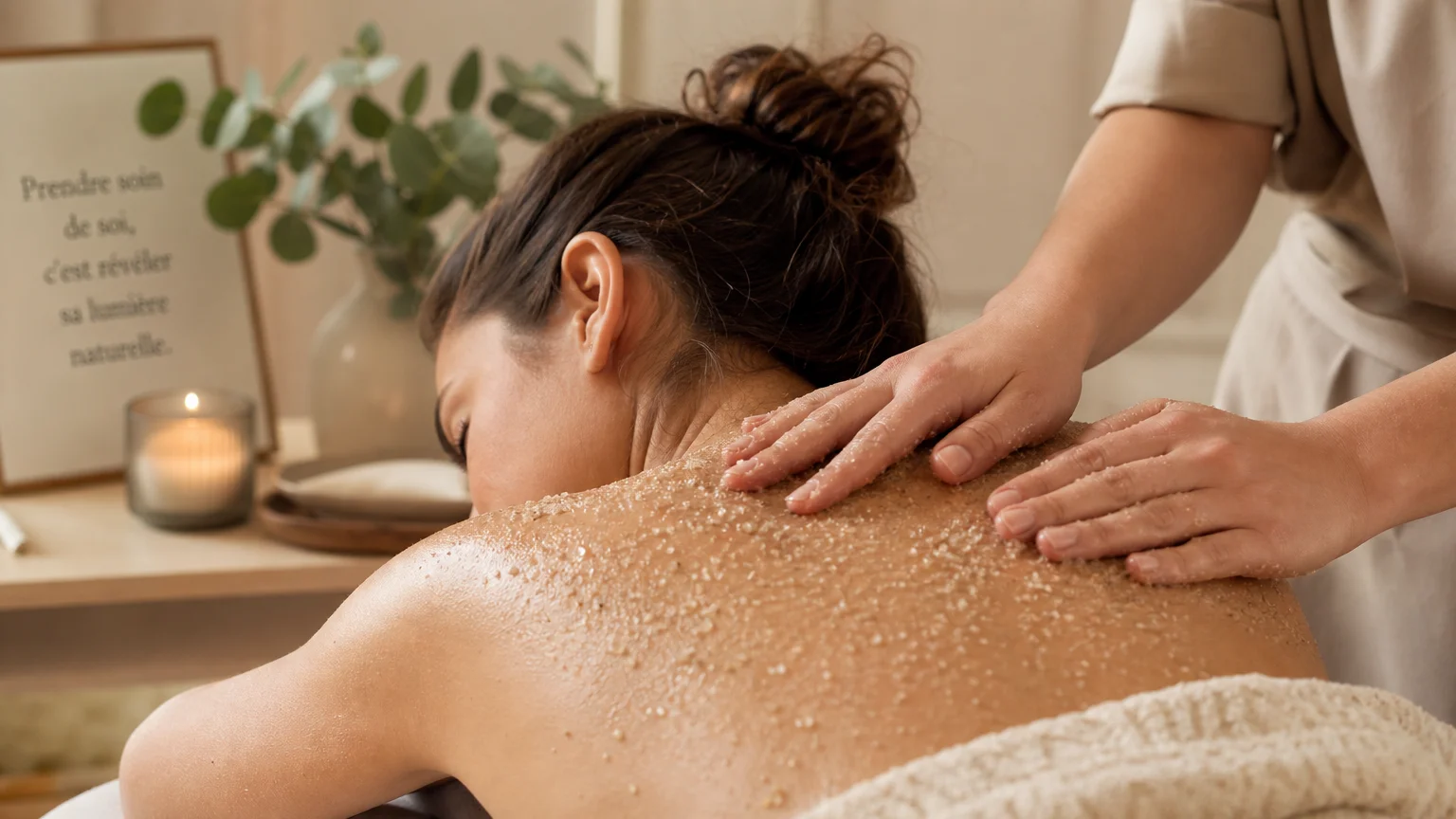 Gommage corps exfoliant appliqué avant un massage en institut